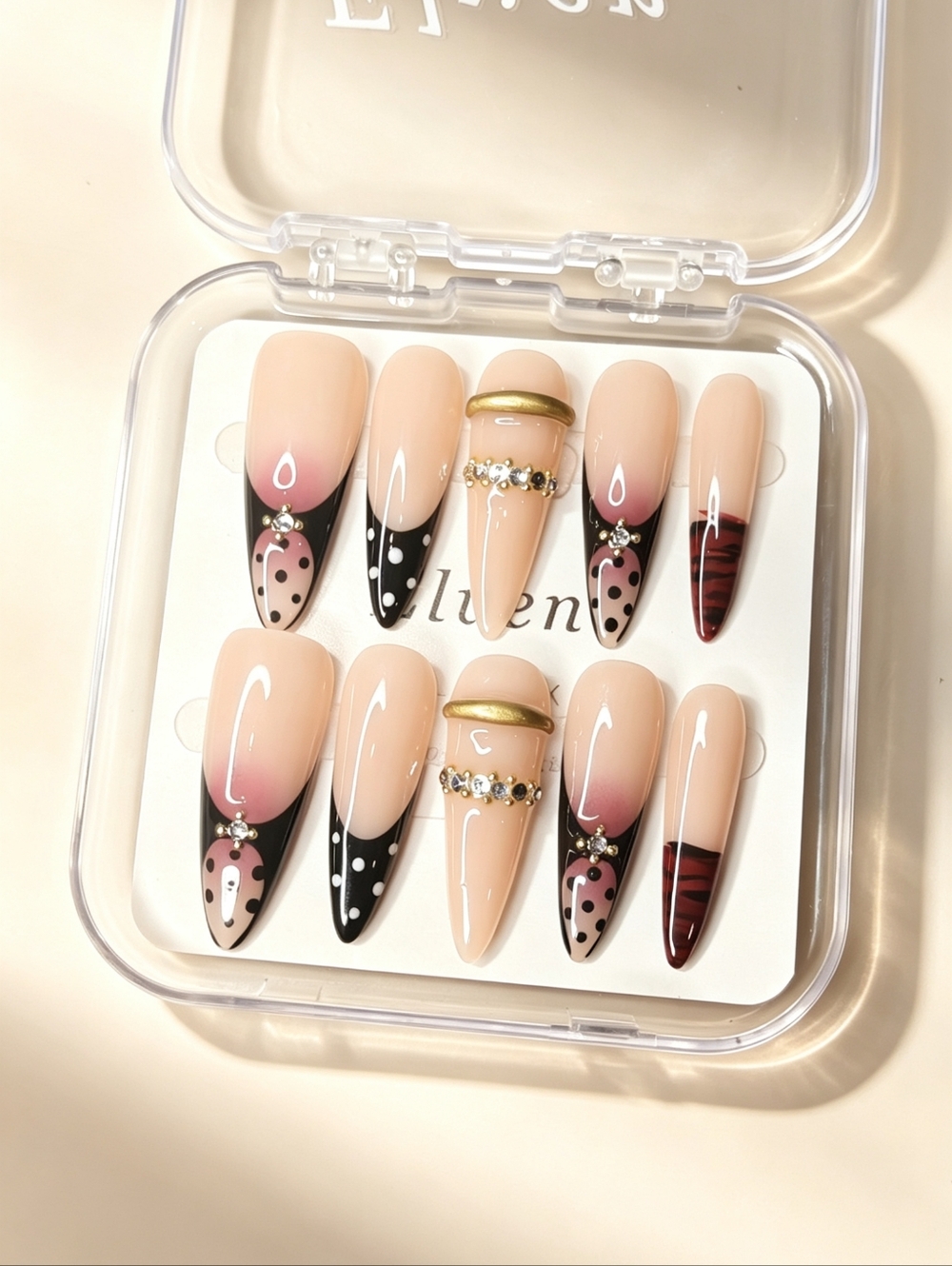 Elegant Nude and Black French Tips Stiletto Press On Nails With Rhinestones